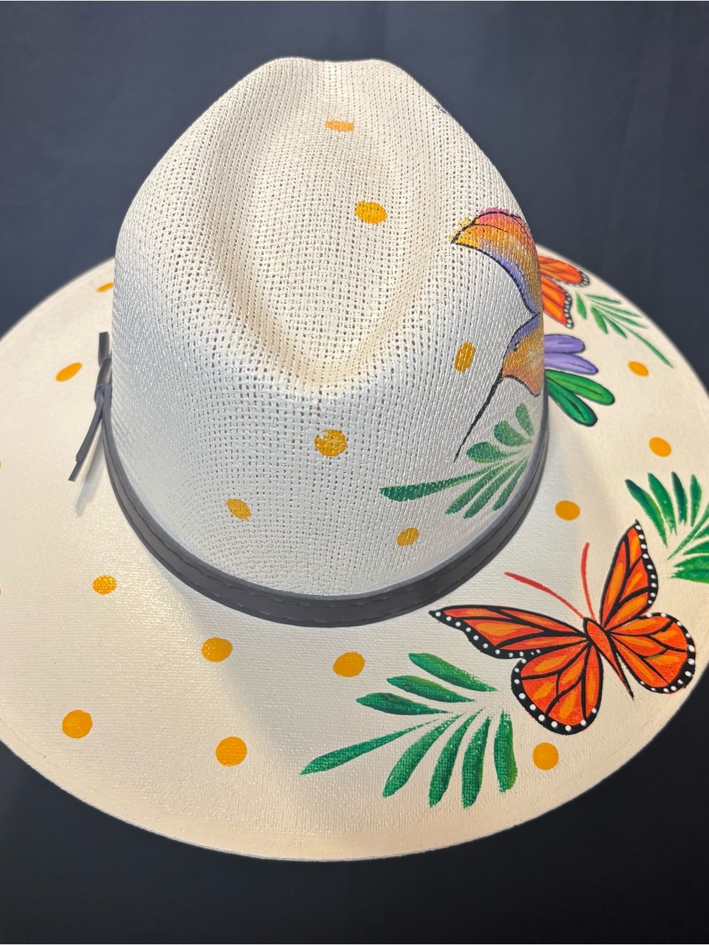 Hand-Painted Ivory Wide-Brim Hat with Orange Butterfly & Multicolor Hummingbird - Picture 2 of 7